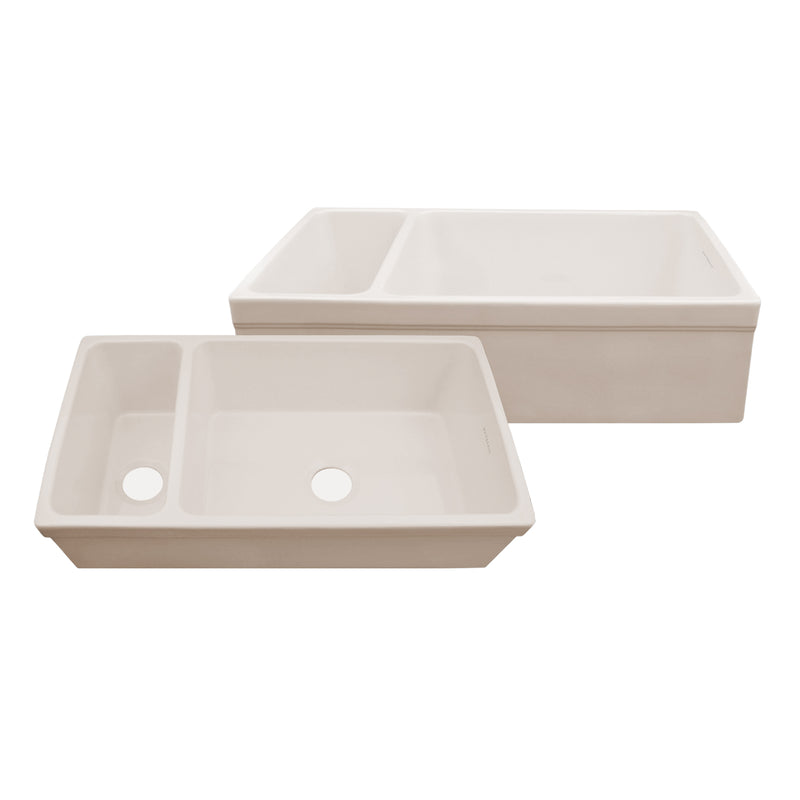 Whitehaus WHQDB542-BISCUIT Quatro Alcove 36" Double Bowl Reversible Fireclay Front Apron Kitchen Sink - Biscuit