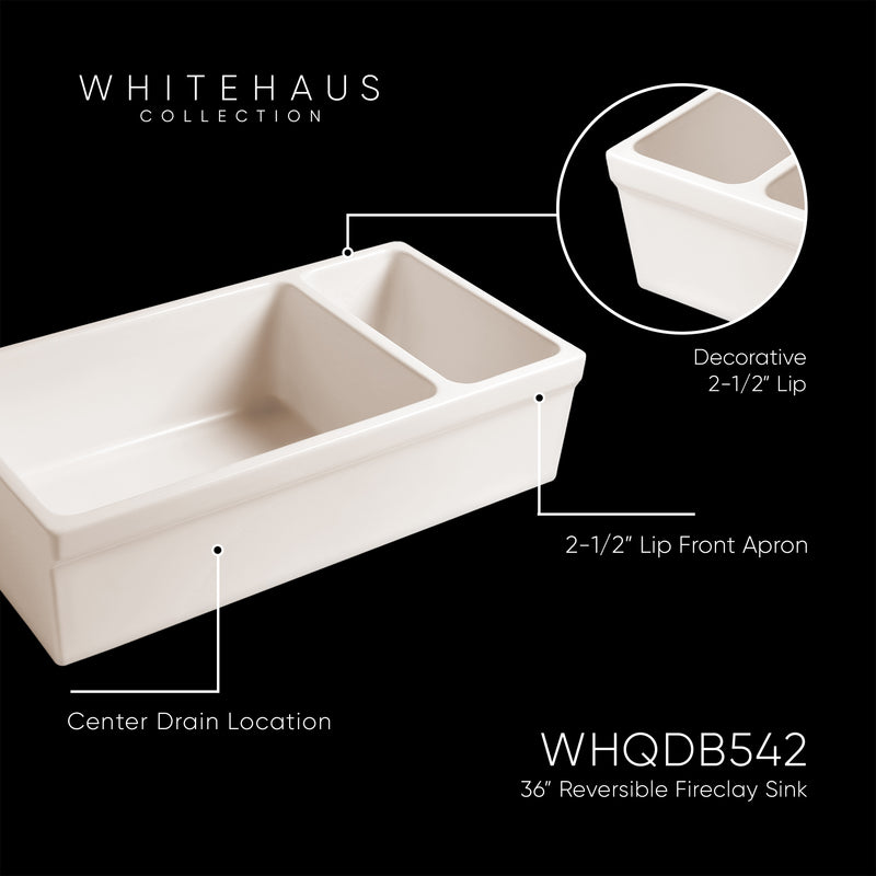 Whitehaus WHQDB542-BISCUIT Quatro Alcove 36" Double Bowl Reversible Fireclay Front Apron Kitchen Sink - Biscuit