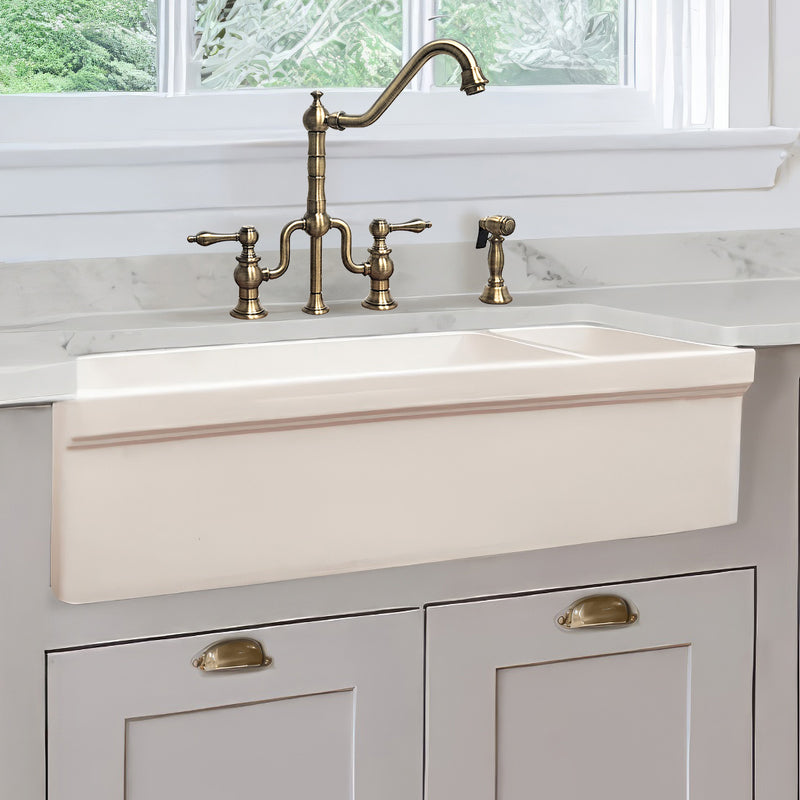 Whitehaus WHQDB542-BISCUIT Quatro Alcove 36" Double Bowl Reversible Fireclay Front Apron Kitchen Sink - Biscuit
