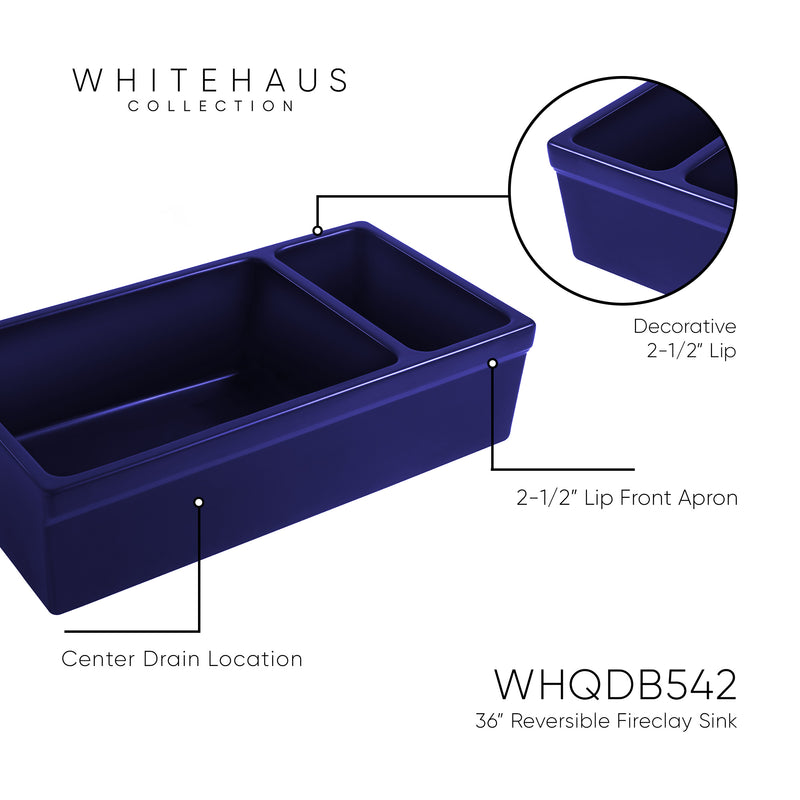 Whitehaus WHQDB542-BLUE Quatro Alcove 36" Double Bowl Reversible Fireclay Front Apron Kitchen Sink - Sapphire Blue