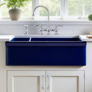 Whitehaus WHQDB542-BLUE Quatro Alcove 36" Double Bowl Reversible Fireclay Front Apron Kitchen Sink - Sapphire Blue