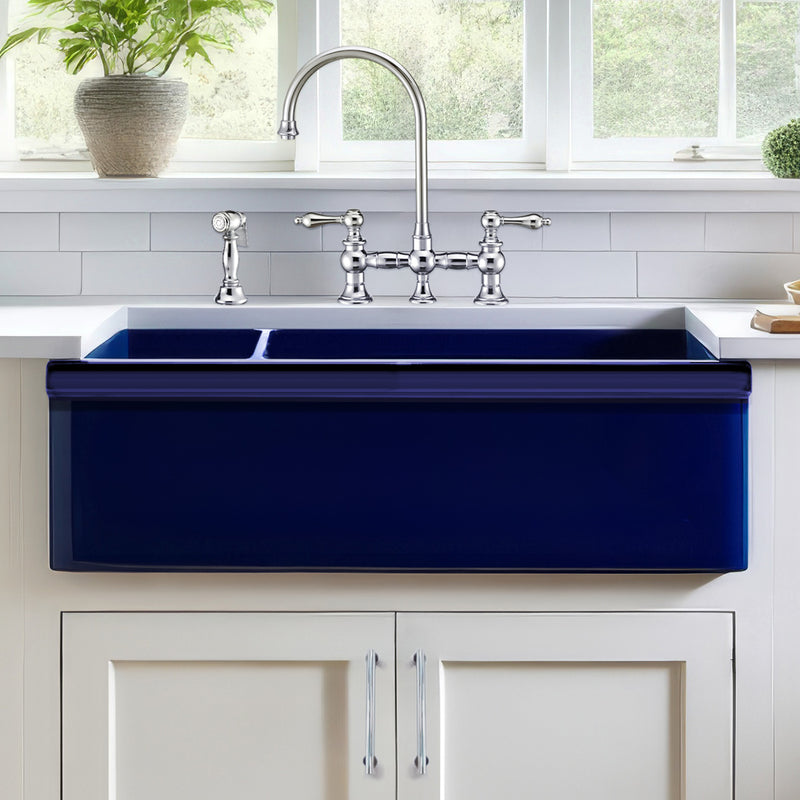 Whitehaus WHQDB542-BLUE Quatro Alcove 36" Double Bowl Reversible Fireclay Front Apron Kitchen Sink - Sapphire Blue
