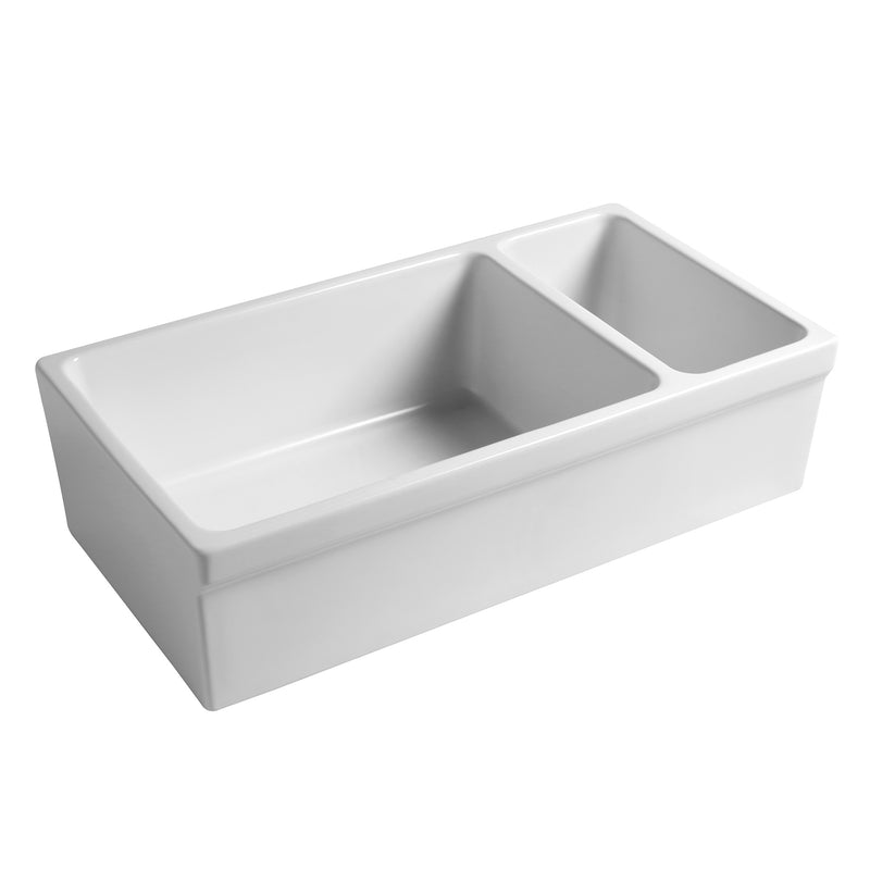 Whitehaus WHQDB542-WHITE Quatro Alcove 36" Double Bowl Reversible Fireclay Front Apron Kitchen Sink - White