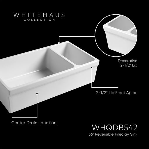 Whitehaus WHQDB542-WHITE Quatro Alcove 36" Double Bowl Reversible Fireclay Front Apron Kitchen Sink - White