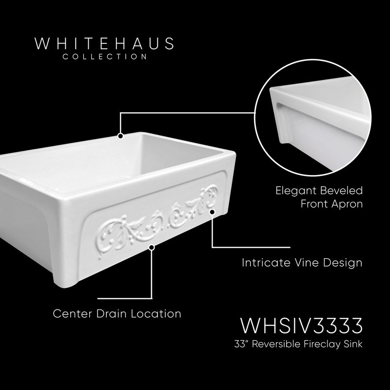 Whitehaus WHSIV3333-WHITE Glencove St. Ives 33" Reversible Fireclay Front Apron Kitchen Sink - White