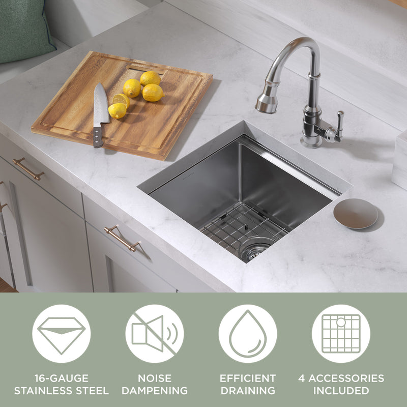 Whitehaus WHSW1818 18" Single Bowl 16 Gauge Undermount Workstation Kitchen Sink - Brushed Stainless Steel