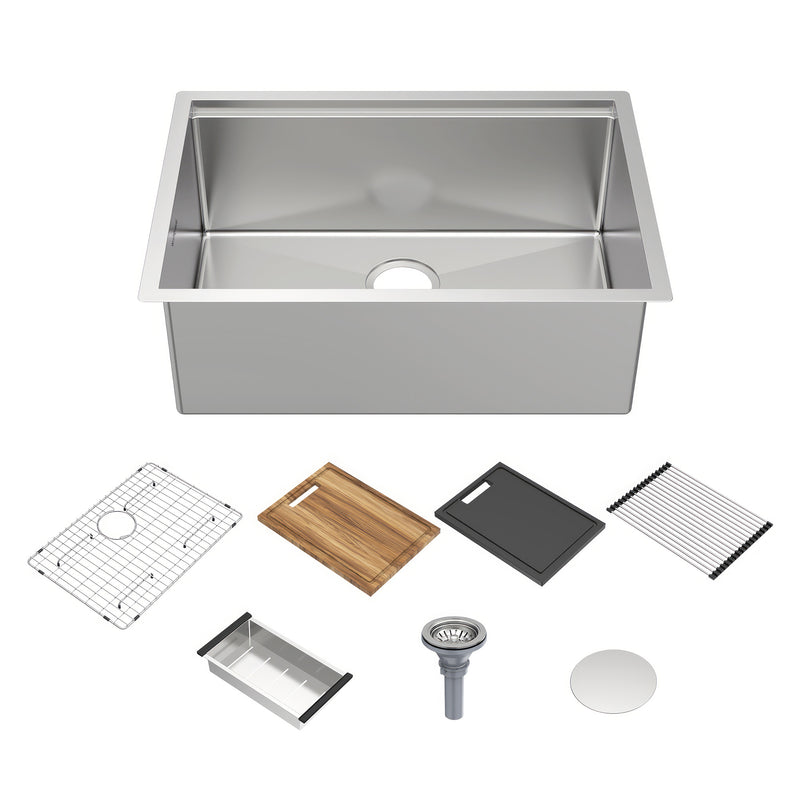 Whitehaus WHSW2719 27" Single Bowl 16 Gauge Undermount Workstation Kitchen Sink - Brushed Stainless Steel