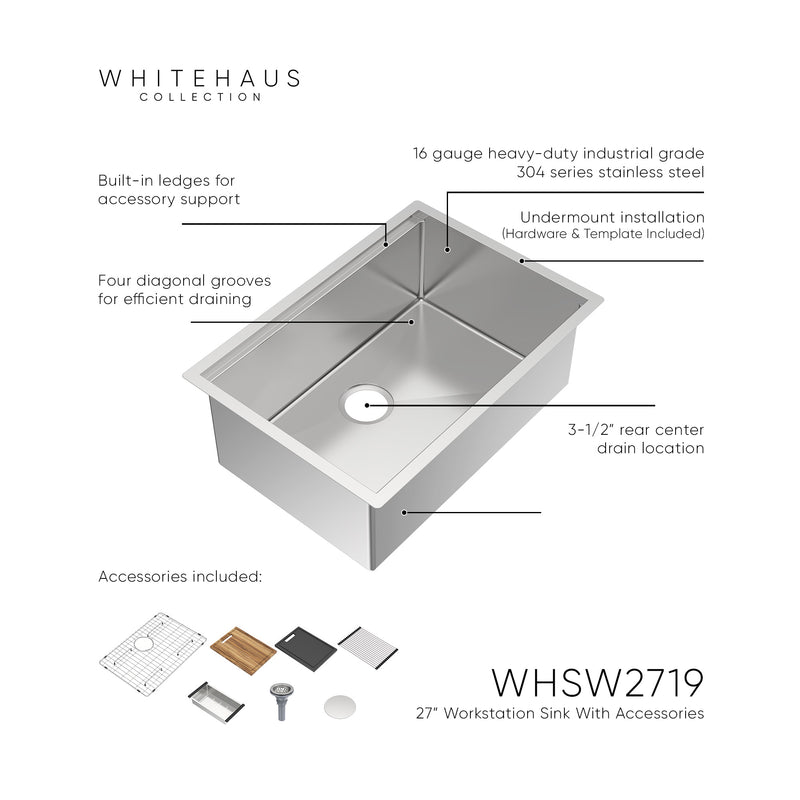 Whitehaus WHSW2719 27" Single Bowl 16 Gauge Undermount Workstation Kitchen Sink - Brushed Stainless Steel