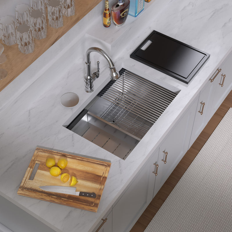 Whitehaus WHSW2719 27" Single Bowl 16 Gauge Undermount Workstation Kitchen Sink - Brushed Stainless Steel