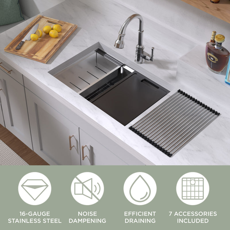Whitehaus WHSW2719 27" Single Bowl 16 Gauge Undermount Workstation Kitchen Sink - Brushed Stainless Steel