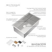 Whitehaus WHSW3019 30" Single Bowl 16 Gauge Undermount Workstation Kitchen Sink - Brushed Stainless Steel
