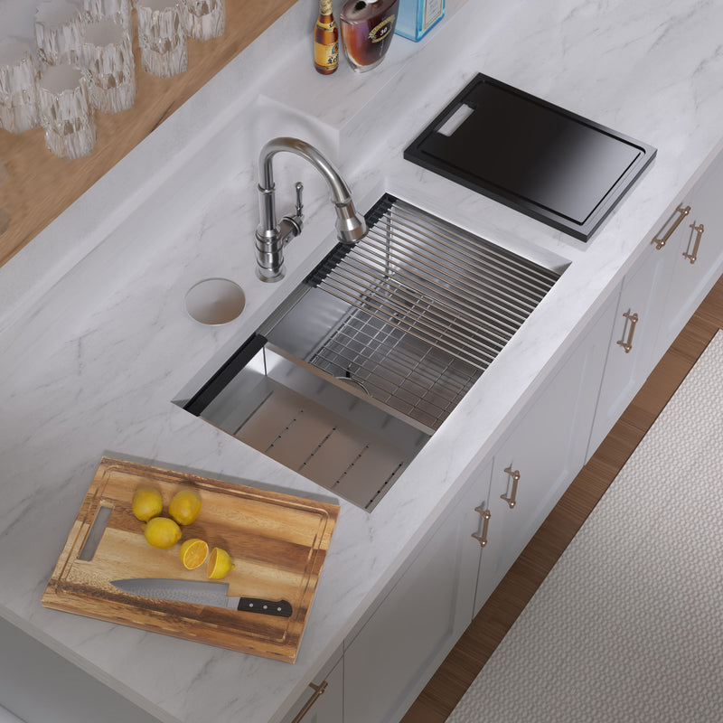 Whitehaus WHSW3019 30" Single Bowl 16 Gauge Undermount Workstation Kitchen Sink - Brushed Stainless Steel