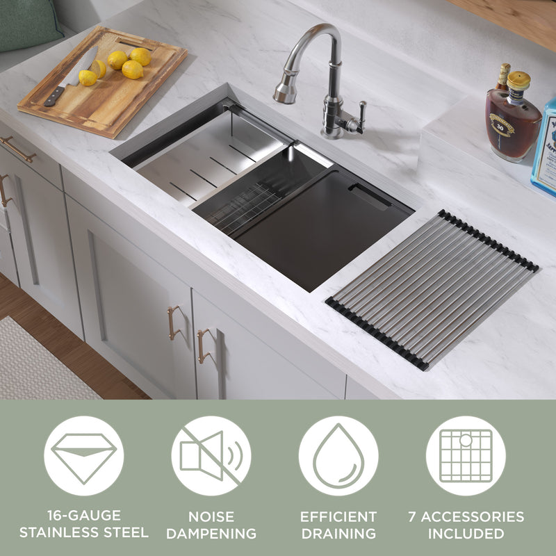 Whitehaus WHSW3019 30" Single Bowl 16 Gauge Undermount Workstation Kitchen Sink - Brushed Stainless Steel