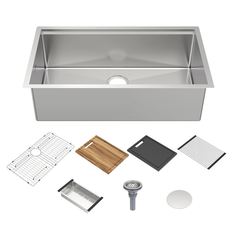 Whitehaus WHSW3319 33" Single Bowl 16 Gauge Undermount Workstation Kitchen Sink - Brushed Stainless Steel