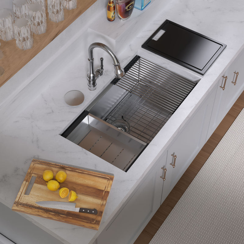 Whitehaus WHSW3319 33" Single Bowl 16 Gauge Undermount Workstation Kitchen Sink - Brushed Stainless Steel