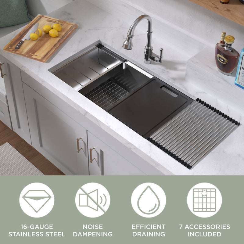 Whitehaus WHSW3319 33" Single Bowl 16 Gauge Undermount Workstation Kitchen Sink - Brushed Stainless Steel