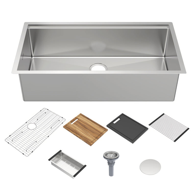 Whitehaus WHSW3619 36" Single Bowl 16 Gauge Undermount Workstation Kitchen Sink - Brushed Stainless Steel