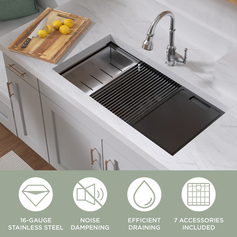 Whitehaus WHSW3619 36" Single Bowl 16 Gauge Undermount Workstation Kitchen Sink - Brushed Stainless Steel