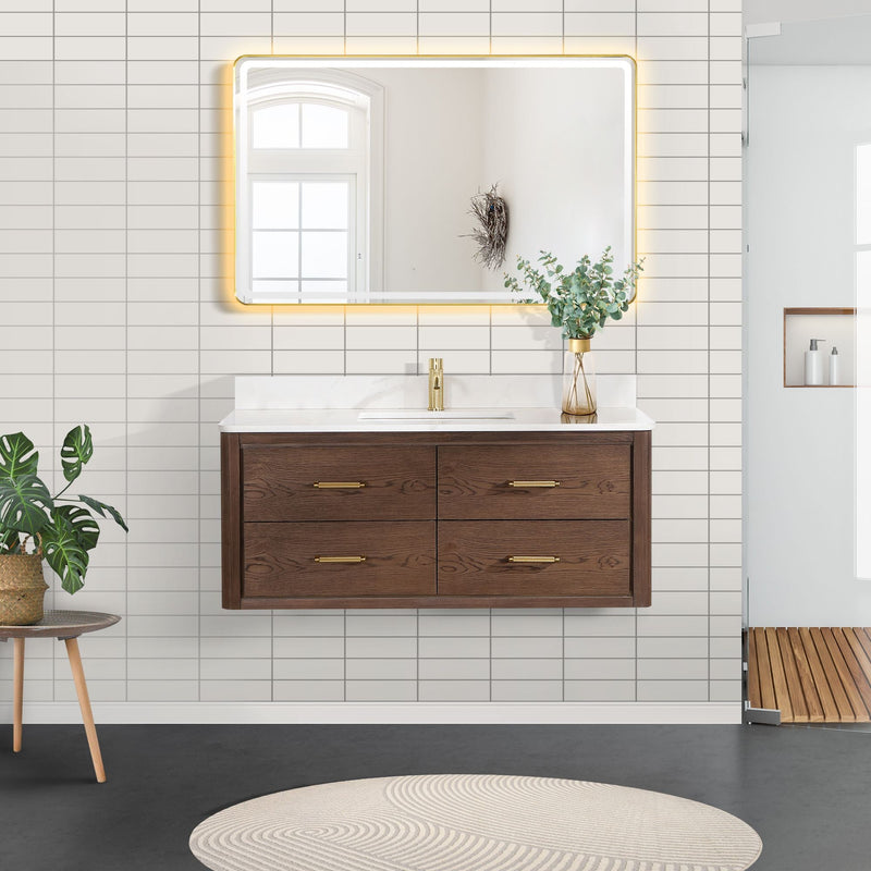 Vinnova 706648-AD-BK Cristo 48" Floating Single Bath Vanity in Aged Dark Brown Oak with Fish Maw White Quartz Stone Top