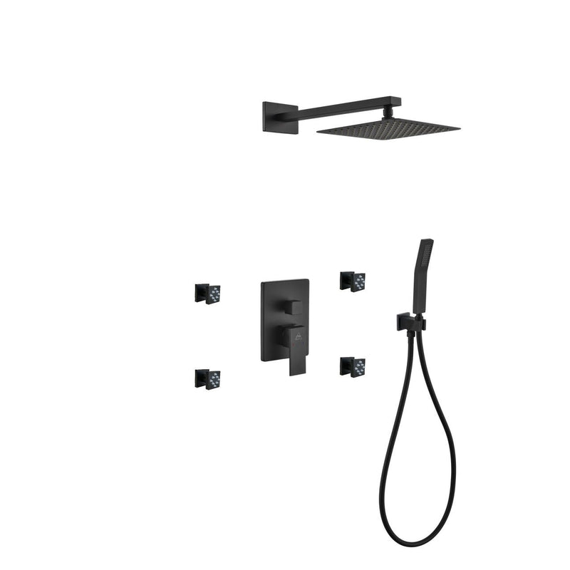 Kube Bath BK-WR2004JHH3V Aqua Piazza Matte Black Shower Set with 8" Square Rain Shower, 4 Body Jets and Handheld