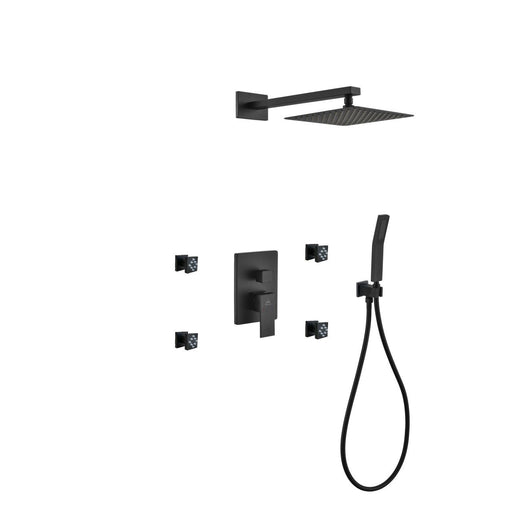 Kube Bath BK-WR2004JHH3V Aqua Piazza Matte Black Shower Set with 8" Square Rain Shower, 4 Body Jets and Handheld