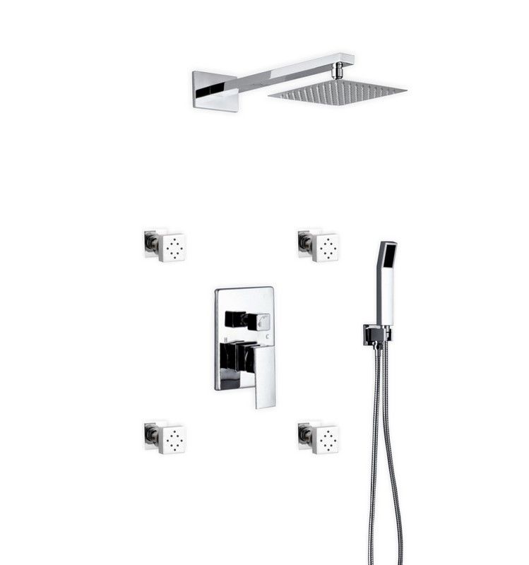 Kube Bath WR2004JHH3V Aqua Piazza Chrome Shower Set with 8" Square Rain Shower, 4 Body Jets and Handheld