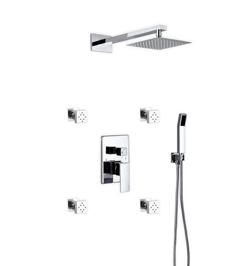 Kube Bath WR2004JHH3V Aqua Piazza Chrome Shower Set with 8" Square Rain Shower, 4 Body Jets and Handheld