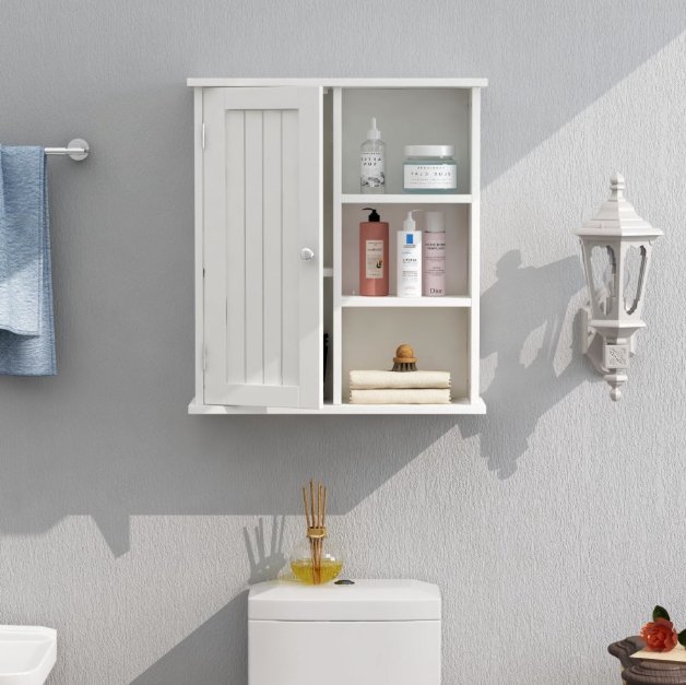 Bathroom Wall Medicine Cabinet with Door and 3 Open Shelves, Floating Storage