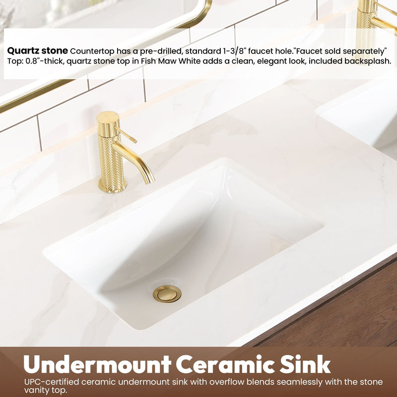 Vinnova 706660M-AD-BK Cristo 60M" Floating Double Bath Vanity in Aged Dark Brown Oak with Fish Maw White Quartz Stone Top - view 8