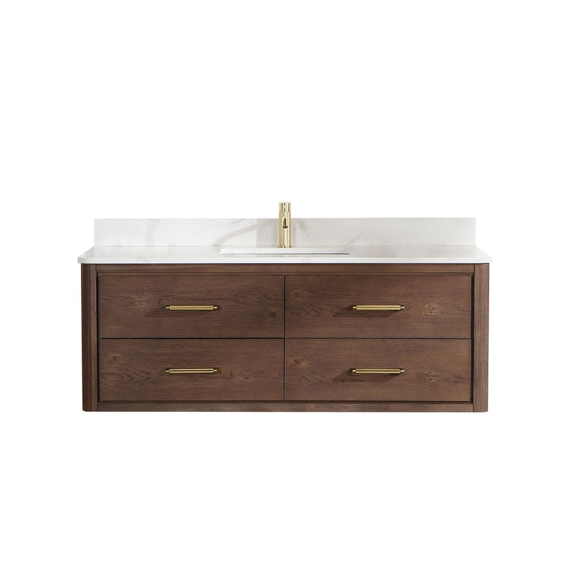 Vinnova 706655-AD-BK Cristo 55" Floating Single Bath Vanity in Aged Dark Brown Oak with Fish Maw White Quartz Stone Top