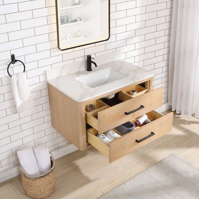 Vinnova 706636-FN-BK Cristo 36" Floating Single Bath Vanity in Fir Wood Brown with Fish Maw White Quartz Stone Top