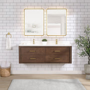 Vinnova 706660M-AD-BK Cristo 60M" Floating Double Bath Vanity in Aged Dark Brown Oak with Fish Maw White Quartz Stone Top - view 3