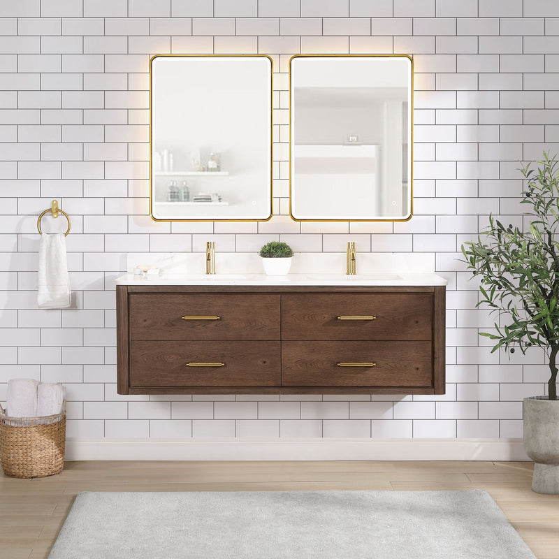 Vinnova 706660M-AD-BK Cristo 60M" Floating Double Bath Vanity in Aged Dark Brown Oak with Fish Maw White Quartz Stone Top - view 3