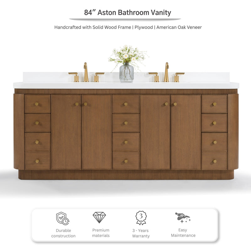 Ancerre Designs VTS-Aston-84-CN-WQZ Aston 84" Chestnut Oak Double Sink Bathroom Vanity with Alpine White Quartz Top - view 2