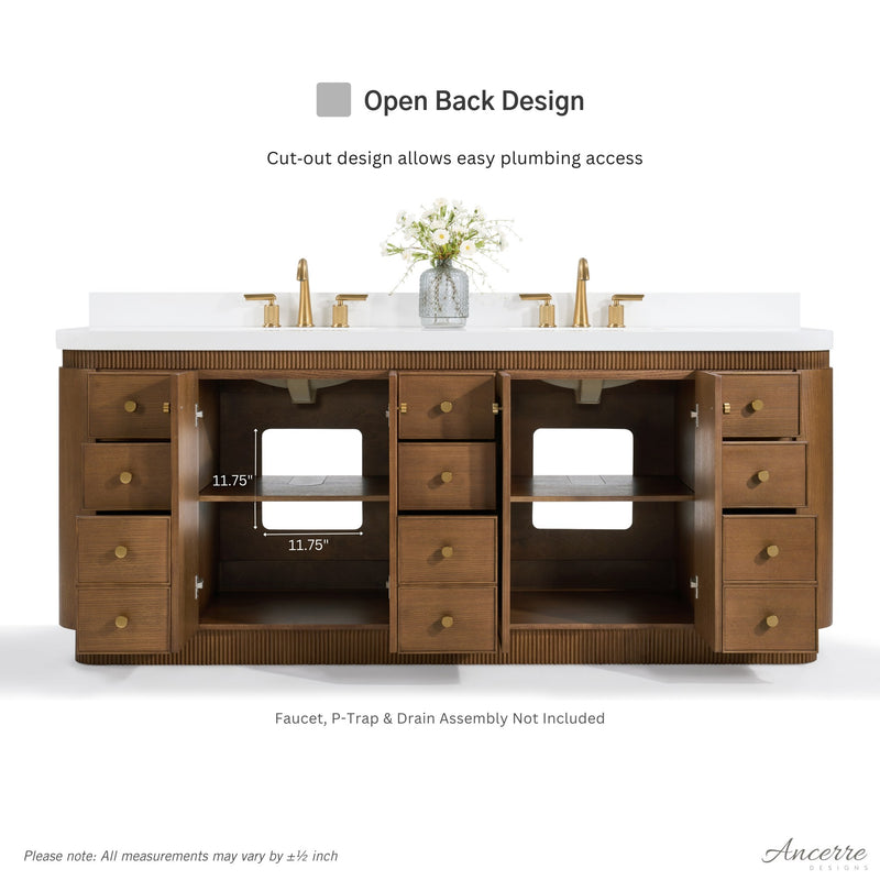 Ancerre Designs VTS-Aston-84-CN-WQZ Aston 84" Chestnut Oak Double Sink Bathroom Vanity with Alpine White Quartz Top - view 8