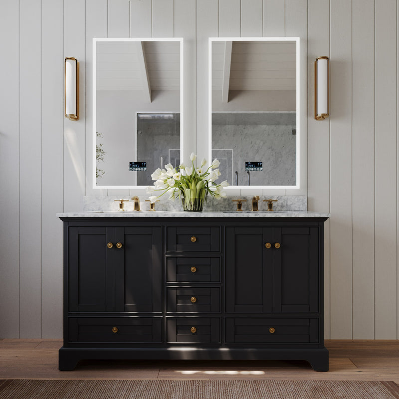 Ancerre Designs VTS-AUDREY-60-BO-CW-GD Audrey 60" Black Onyx Double Sink Bathroom Vanity with Italian Carrara White Marble Top and Gold Hardware