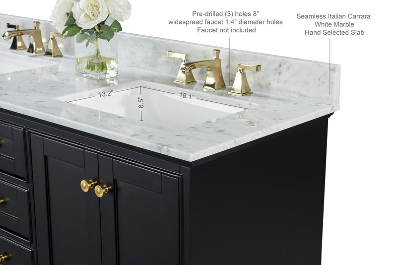 Ancerre Designs VTS-AUDREY-60-BO-CW-GD Audrey 60" Black Onyx Double Sink Bathroom Vanity with Italian Carrara White Marble Top and Gold Hardware - view 10