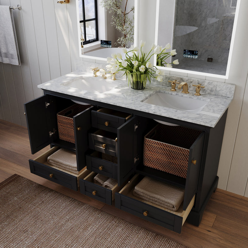 Ancerre Designs VTS-AUDREY-60-BO-CW-GD Audrey 60" Black Onyx Double Sink Bathroom Vanity with Italian Carrara White Marble Top and Gold Hardware - view 3