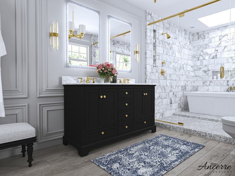 Ancerre Designs VTS-AUDREY-60-BO-CW-GD Audrey 60" Black Onyx Double Sink Bathroom Vanity with Italian Carrara White Marble Top and Gold Hardware - view 6