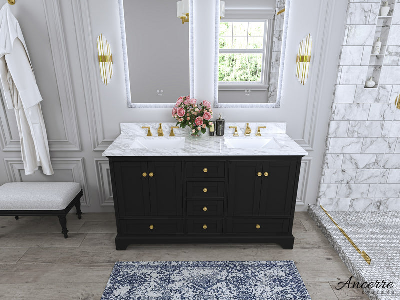 Ancerre Designs VTS-AUDREY-60-BO-CW-GD Audrey 60" Black Onyx Double Sink Bathroom Vanity with Italian Carrara White Marble Top and Gold Hardware - view 7