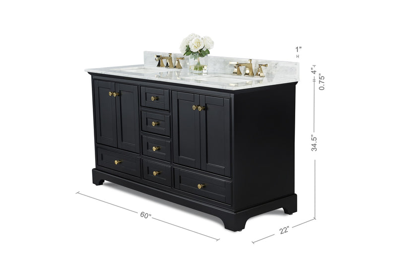 Ancerre Designs VTS-AUDREY-60-BO-CW-GD Audrey 60" Black Onyx Double Sink Bathroom Vanity with Italian Carrara White Marble Top and Gold Hardware - view 8