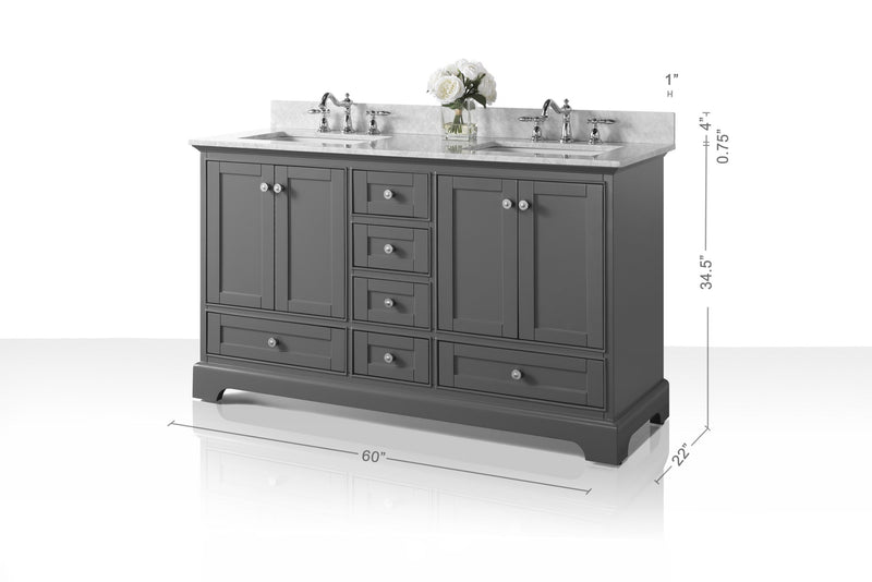 Ancerre Designs VTS-AUDREY-60-SG-CW Audrey 60" Sapphire Gray Double Sink Bathroom Vanity with Italian Carrara White Marble Top and Brushed Nickel Hardware - view 11