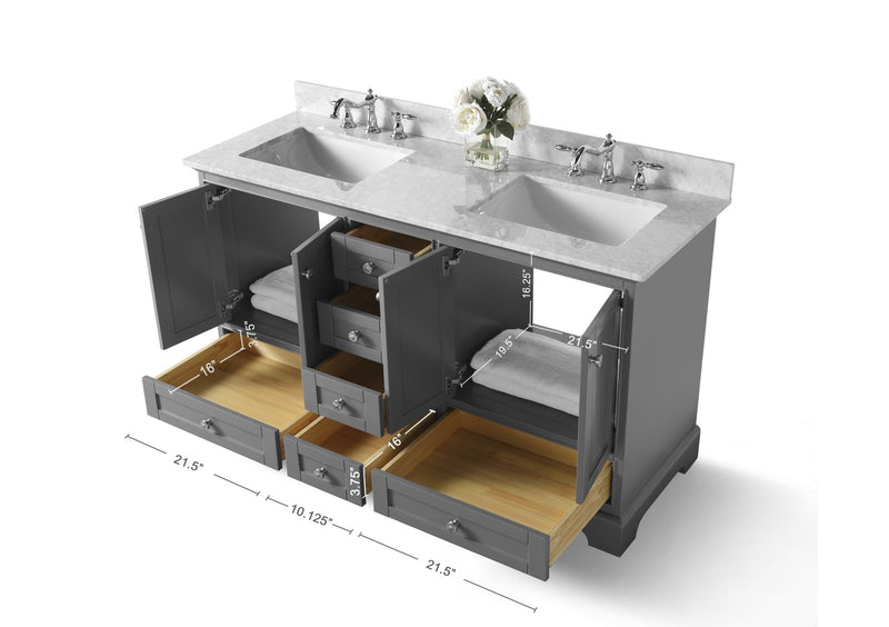 Ancerre Designs VTS-AUDREY-60-SG-CW Audrey 60" Sapphire Gray Double Sink Bathroom Vanity with Italian Carrara White Marble Top and Brushed Nickel Hardware - view 12