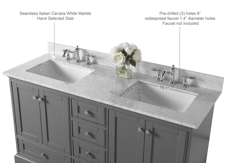 Ancerre Designs VTS-AUDREY-60-SG-CW Audrey 60" Sapphire Gray Double Sink Bathroom Vanity with Italian Carrara White Marble Top and Brushed Nickel Hardware - view 13