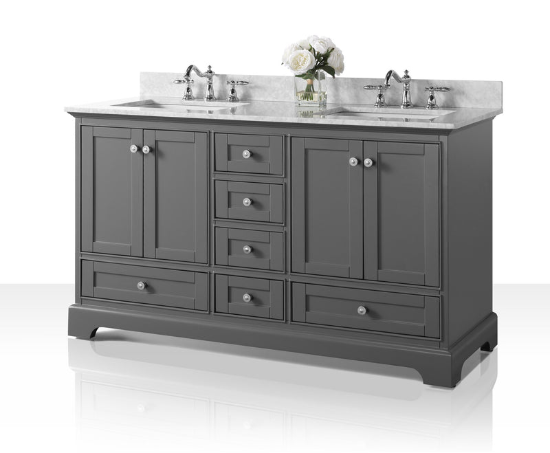 Ancerre Designs VTS-AUDREY-60-SG-CW Audrey 60" Sapphire Gray Double Sink Bathroom Vanity with Italian Carrara White Marble Top and Brushed Nickel Hardware - view 2