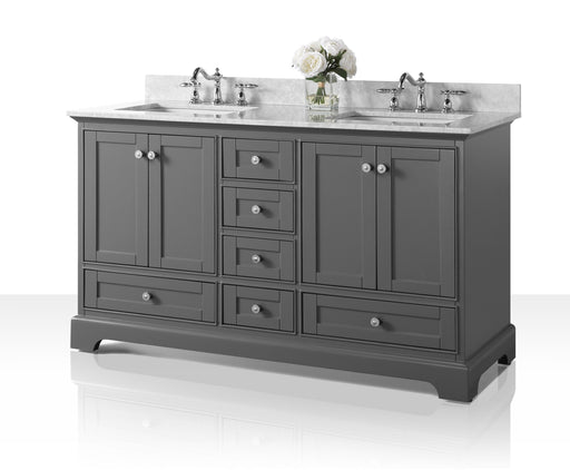 Ancerre Designs VTS-AUDREY-60-SG-CW Audrey 60" Sapphire Gray Double Sink Bathroom Vanity with Italian Carrara White Marble Top and Brushed Nickel Hardware - view 2