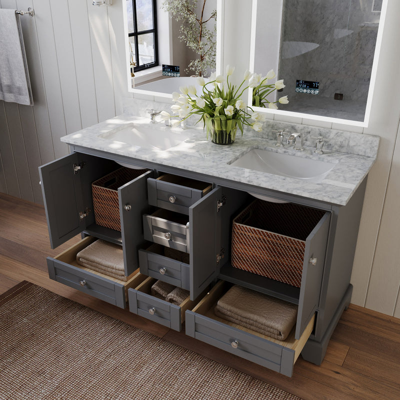 Ancerre Designs VTS-AUDREY-60-SG-CW Audrey 60" Sapphire Gray Double Sink Bathroom Vanity with Italian Carrara White Marble Top and Brushed Nickel Hardware - view 5