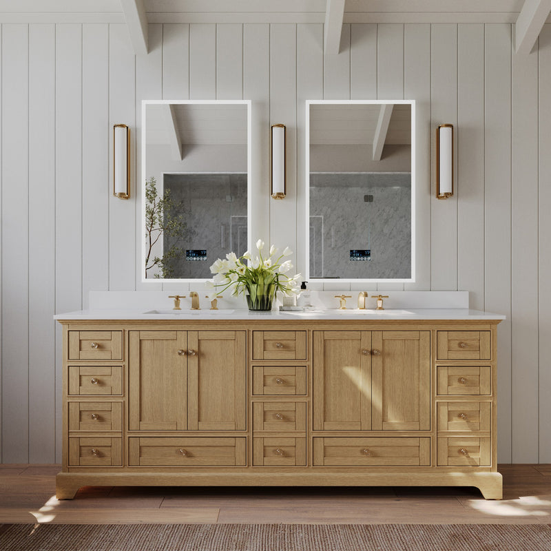 Ancerre Designs VTS-Audrey-84-Oak-WQZ Audrey 84" American Oak Double Sink Bathroom Vanity with Alpine White Quartz Top