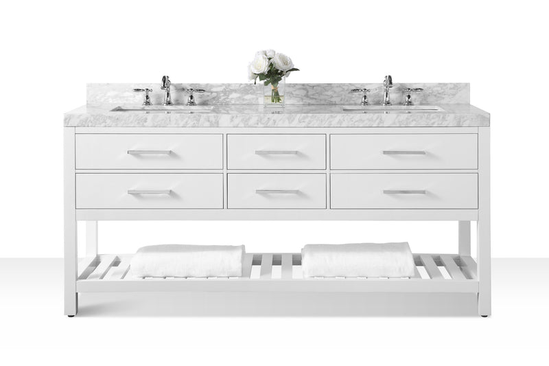 Ancerre Designs VTS-ELIZABETH-72-W-CW Elizabeth 72" White Double Sink Bathroom Vanity with Italian Carrara White Marble Top and Brushed Nickel Hardware