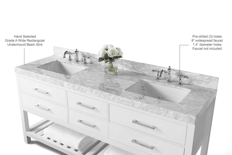 Ancerre Designs VTS-ELIZABETH-72-W-CW Elizabeth 72" White Double Sink Bathroom Vanity with Italian Carrara White Marble Top and Brushed Nickel Hardware - view 12